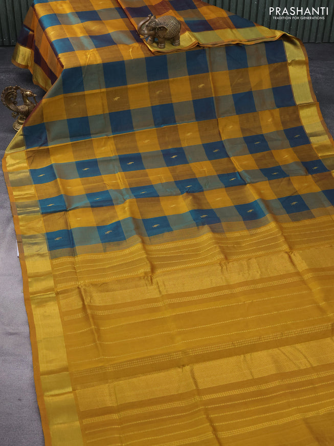 Silk cotton saree peacock green and mustard yellow with allover paalum pazhamum checks & zari buttas and zari woven border