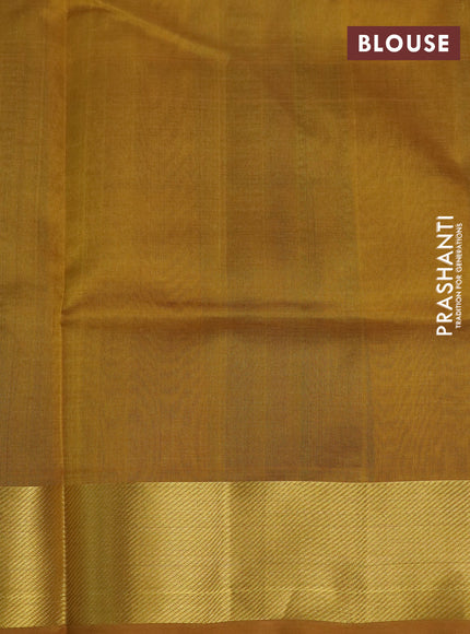 Silk cotton saree peacock green and mustard yellow with allover paalum pazhamum checks & zari buttas and zari woven border