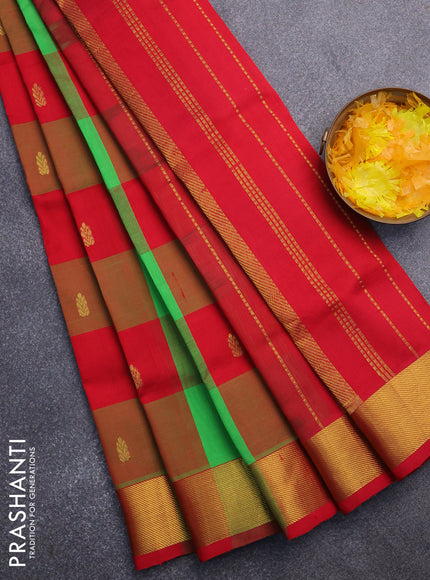 Silk cotton saree light green and red with allover paalum pazhamum checks & zari buttas and zari woven border