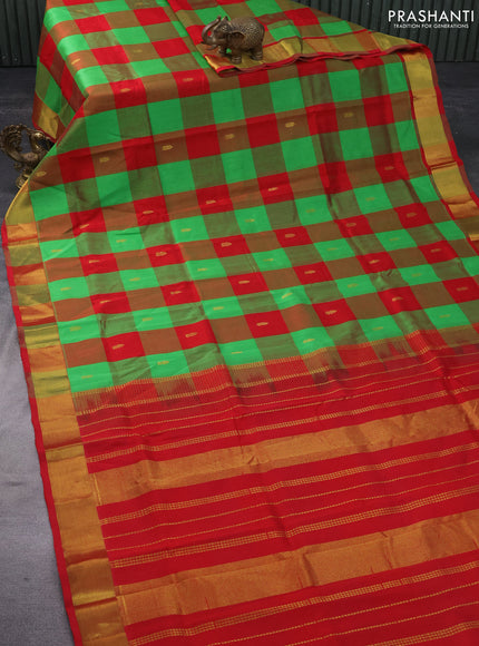 Silk cotton saree light green and red with allover paalum pazhamum checks & zari buttas and zari woven border