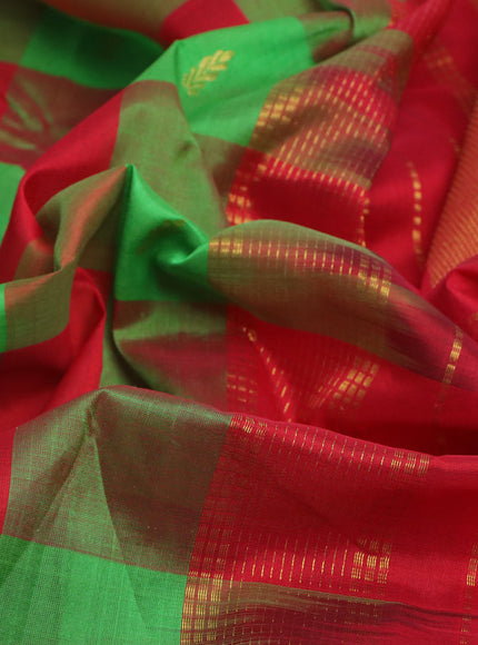 Silk cotton saree light green and red with allover paalum pazhamum checks & zari buttas and zari woven border