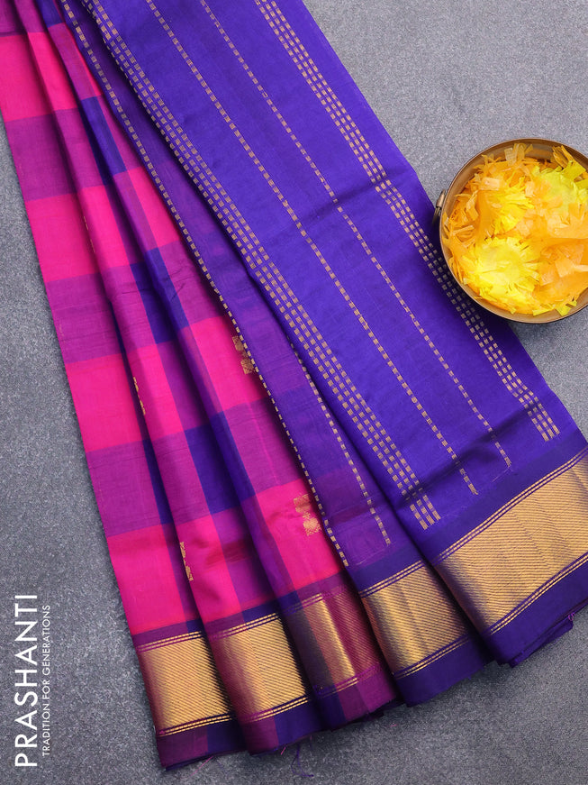 Silk cotton saree pink and blue with allover paalum pazhamum checks & zari buttas and zari woven border