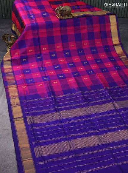 Silk cotton saree pink and blue with allover paalum pazhamum checks & zari buttas and zari woven border