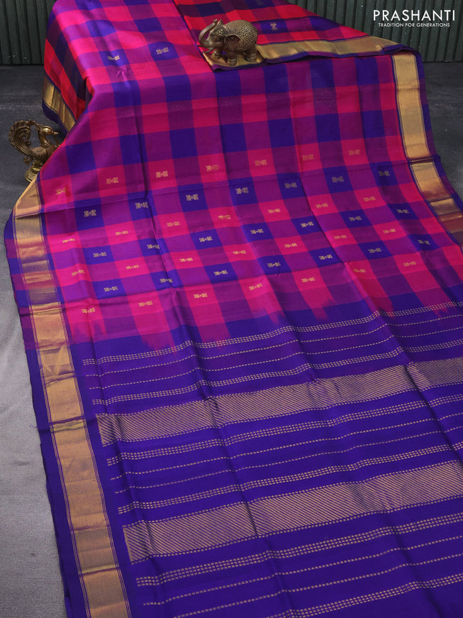 Silk cotton saree pink and blue with allover paalum pazhamum checks & zari buttas and zari woven border