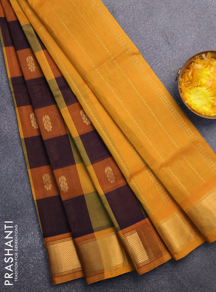 Silk cotton saree multi colour and mustard yellow with allover paalum pazhamum checks & zari buttas and zari woven border