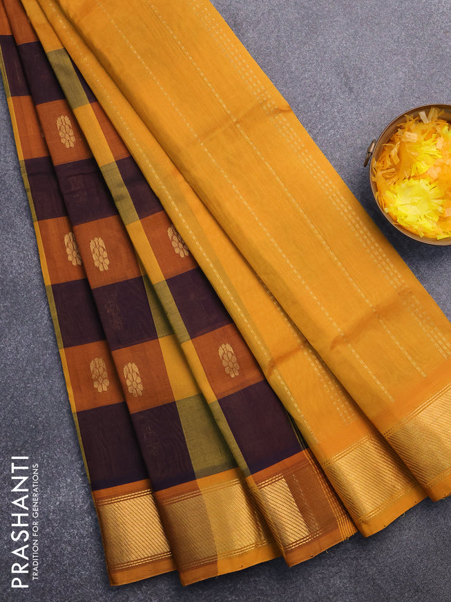 Silk cotton saree multi colour and mustard yellow with allover paalum pazhamum checks & zari buttas and zari woven border