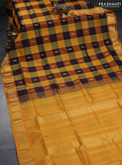 Silk cotton saree multi colour and mustard yellow with allover paalum pazhamum checks & zari buttas and zari woven border