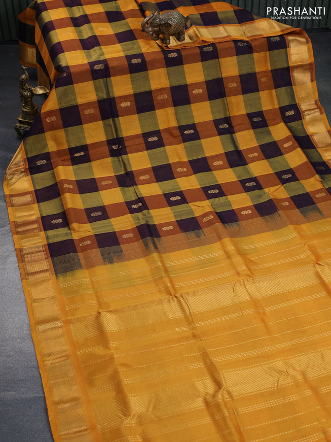 Silk cotton saree multi colour and mustard yellow with allover paalum pazhamum checks & zari buttas and zari woven border