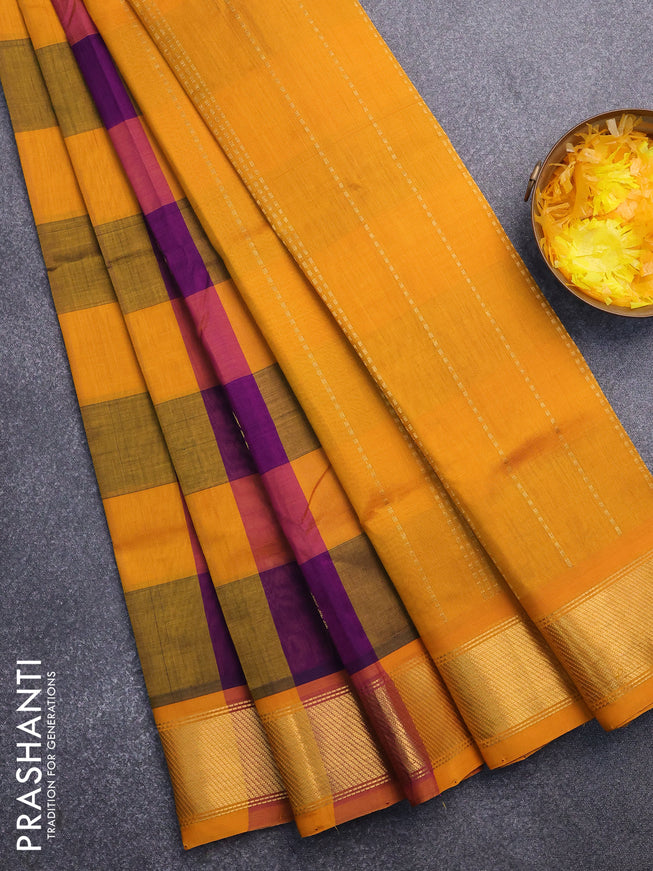 Silk cotton saree violet and mustard yellow with allover paalum pazhamum checks & zari buttas and zari woven border