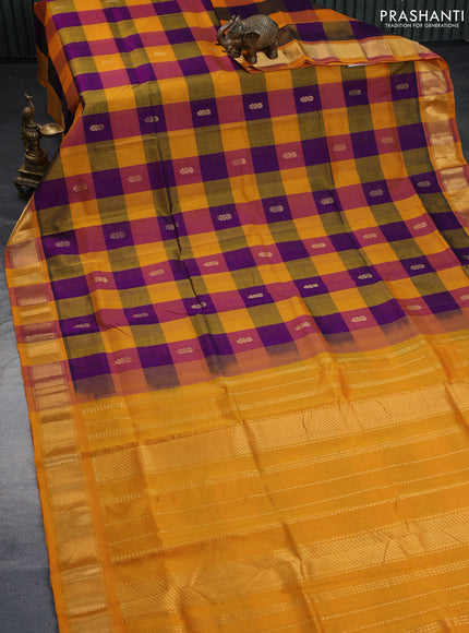 Silk cotton saree violet and mustard yellow with allover paalum pazhamum checks & zari buttas and zari woven border