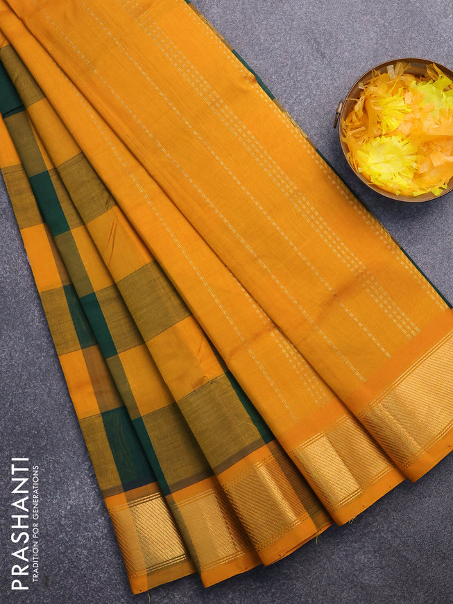 Silk cotton saree green and mango yellow with allover paalum pazhamum checks & zari buttas and zari woven border