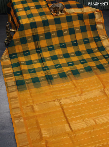 Silk cotton saree green and mango yellow with allover paalum pazhamum checks & zari buttas and zari woven border