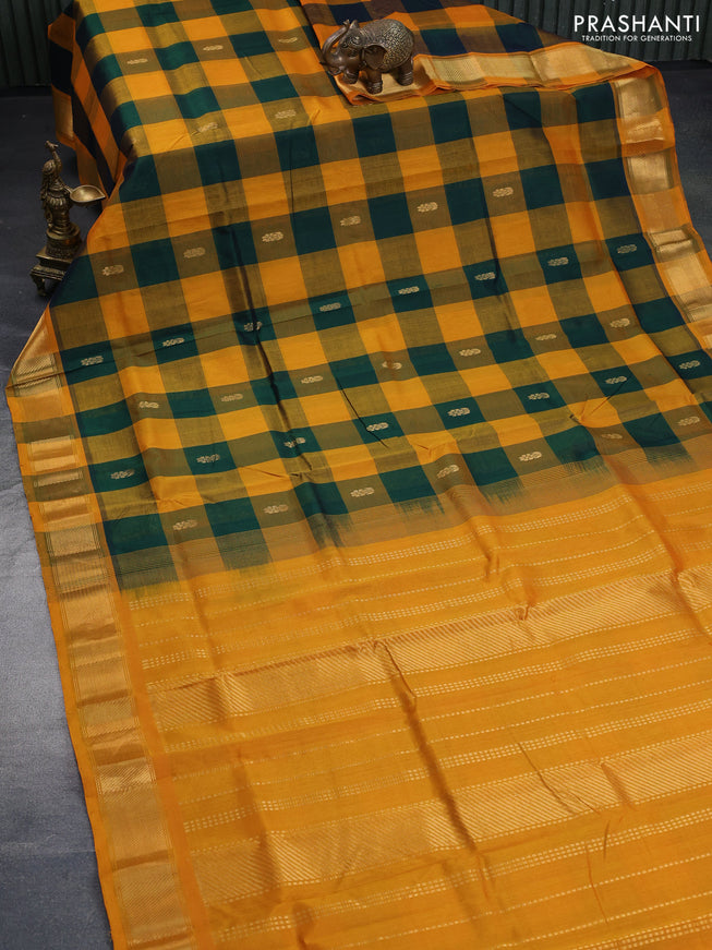 Silk cotton saree green and mango yellow with allover paalum pazhamum checks & zari buttas and zari woven border