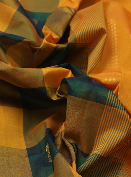 Silk cotton saree green and mango yellow with allover paalum pazhamum checks & zari buttas and zari woven border