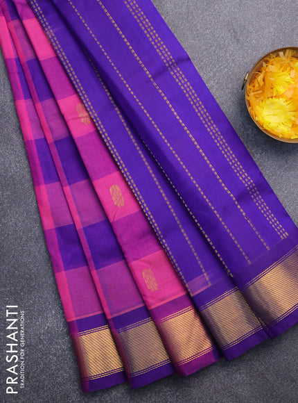 Silk cotton saree pink and blue with allover paalum pazhamum checks & zari buttas and zari woven border