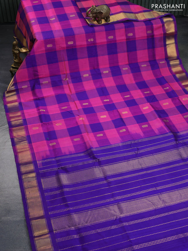 Silk cotton saree pink and blue with allover paalum pazhamum checks & zari buttas and zari woven border