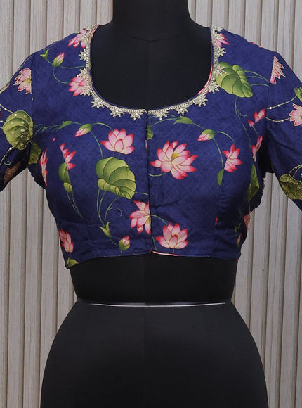 Silk digital readymade blouse navy blue with allover pichiwai prints & pita work