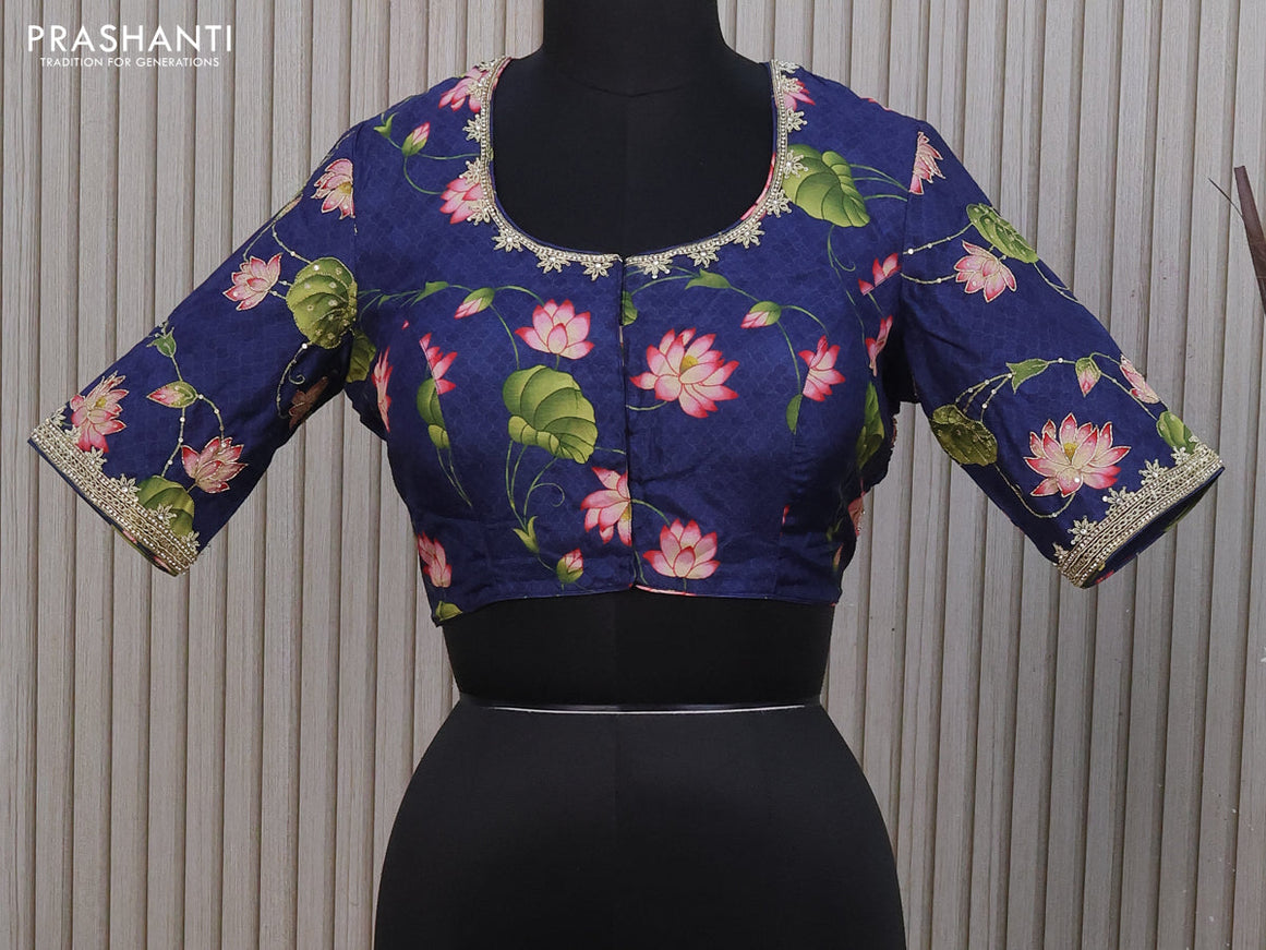 Silk digital readymade blouse navy blue with allover pichiwai prints & pita work