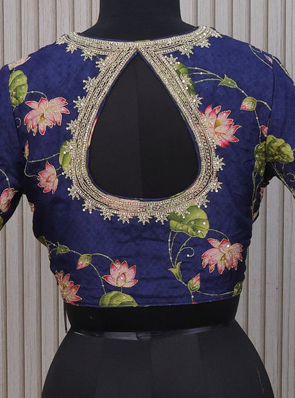 Silk digital readymade blouse navy blue with allover pichiwai prints & pita work