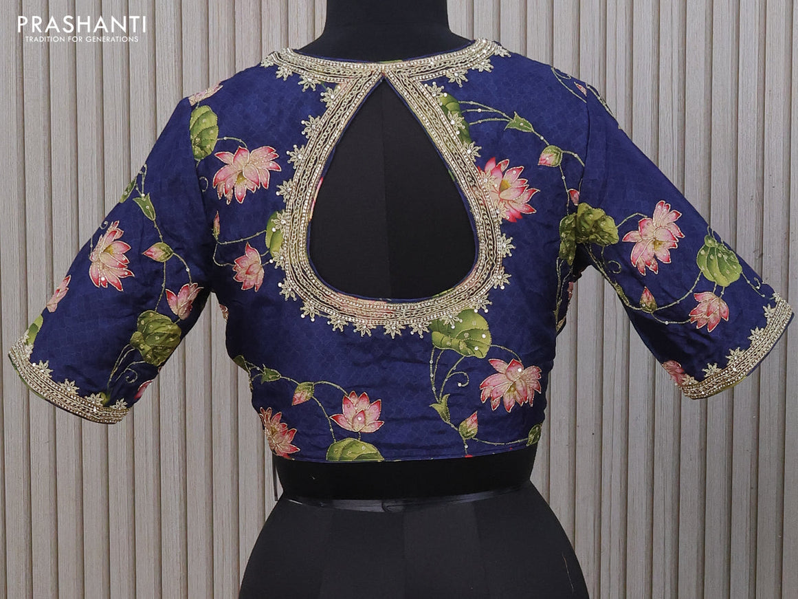 Silk digital readymade blouse navy blue with allover pichiwai prints & pita work