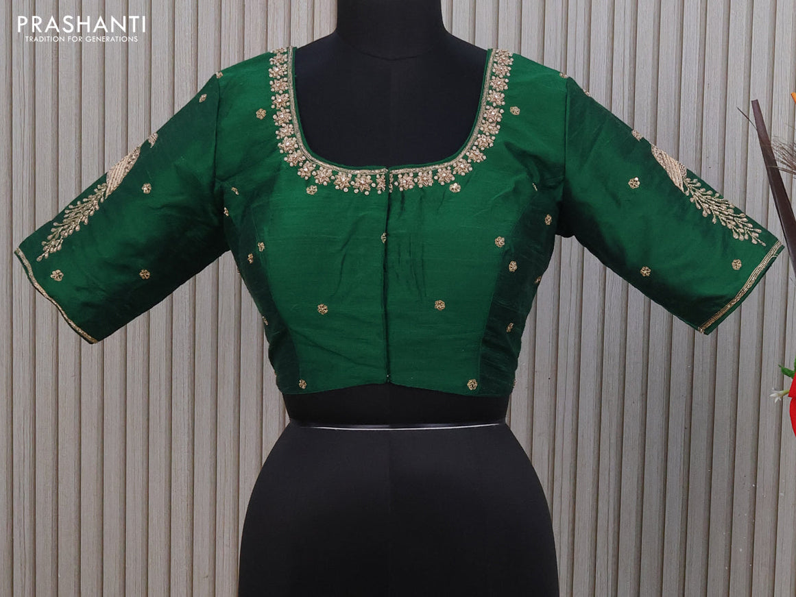 Raw silk readymade blouse green with allover zardosi work and back knot