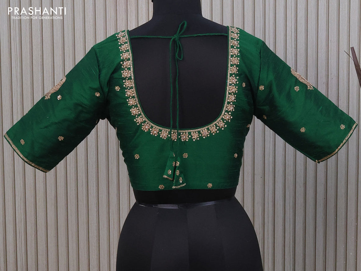 Raw silk readymade blouse green with allover zardosi work and back knot