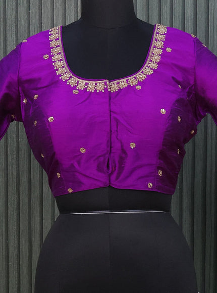 Raw silk readymade blouse purple with allover zardosi work and back knot