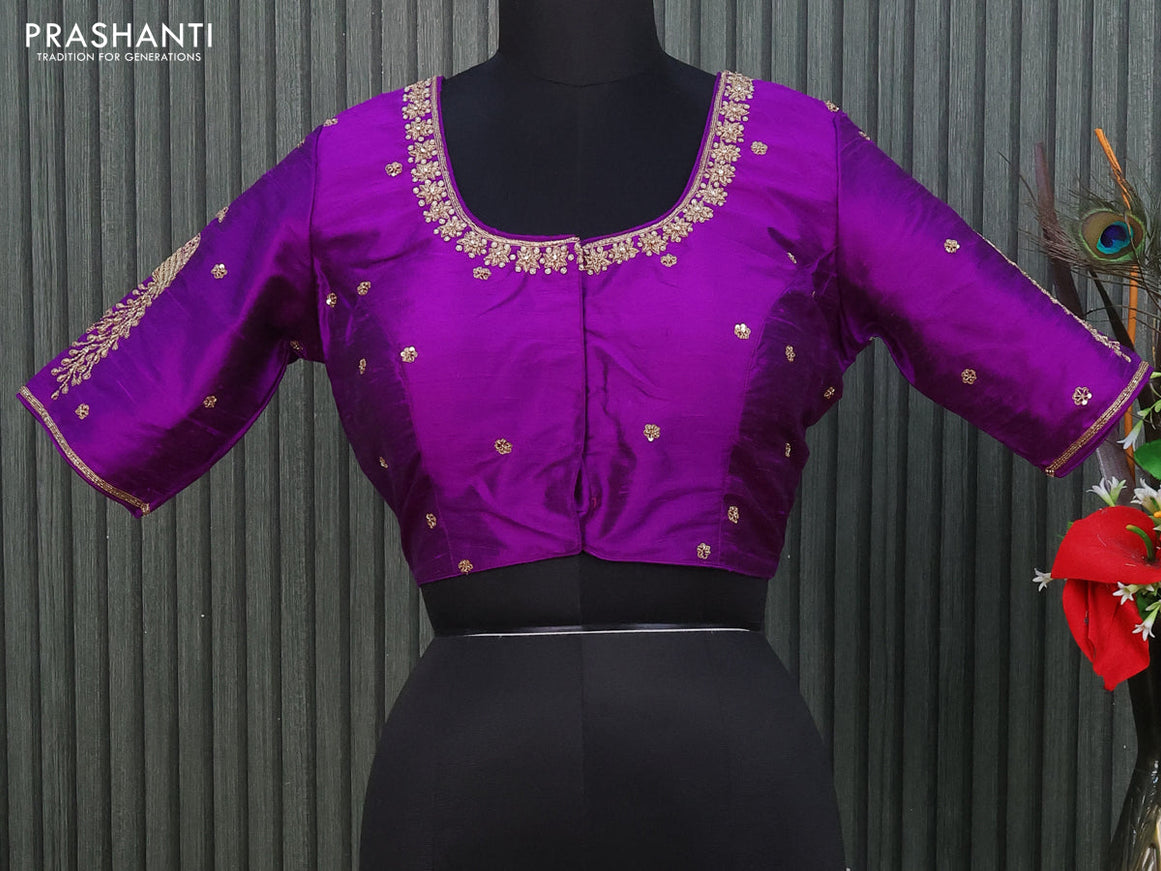 Raw silk readymade blouse purple with allover zardosi work and back knot