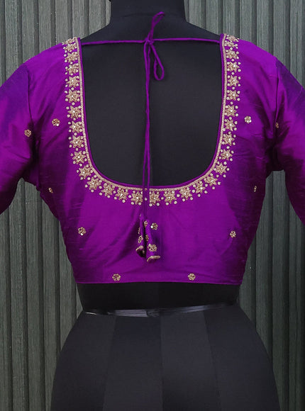 Raw silk readymade blouse purple with allover zardosi work and back knot