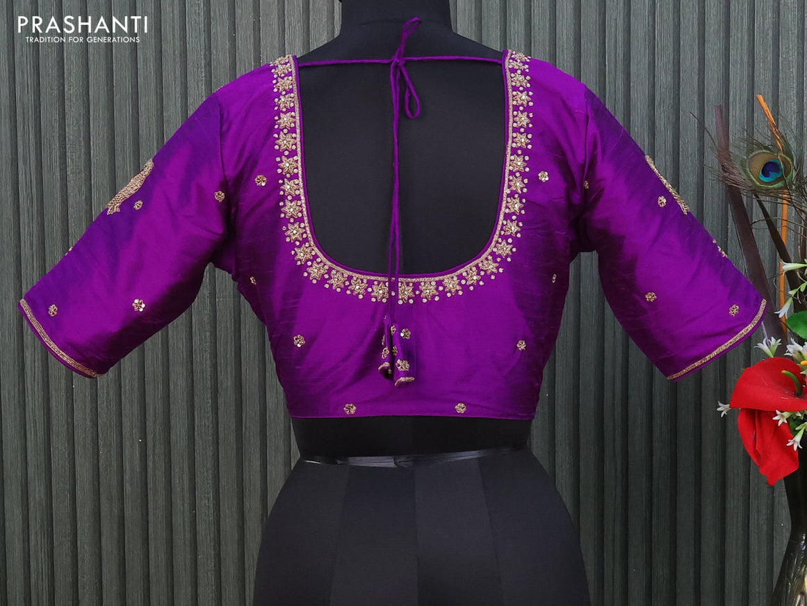 Raw silk readymade blouse purple with allover zardosi work and back knot