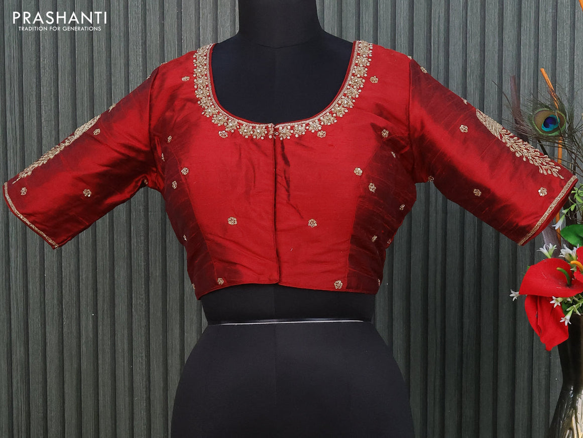 Raw silk readymade blouse maroon with allover zardosi work and back knot