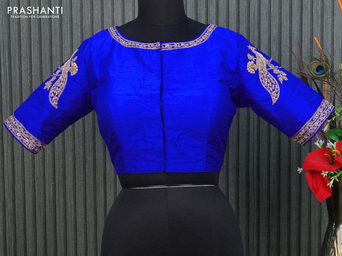 Raw silk readymade blouse royal blue with allover zardosi work