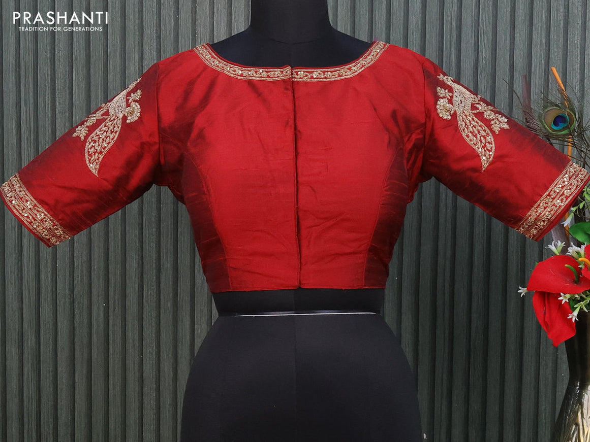 Raw silk readymade blouse maroon with allover zardosi work