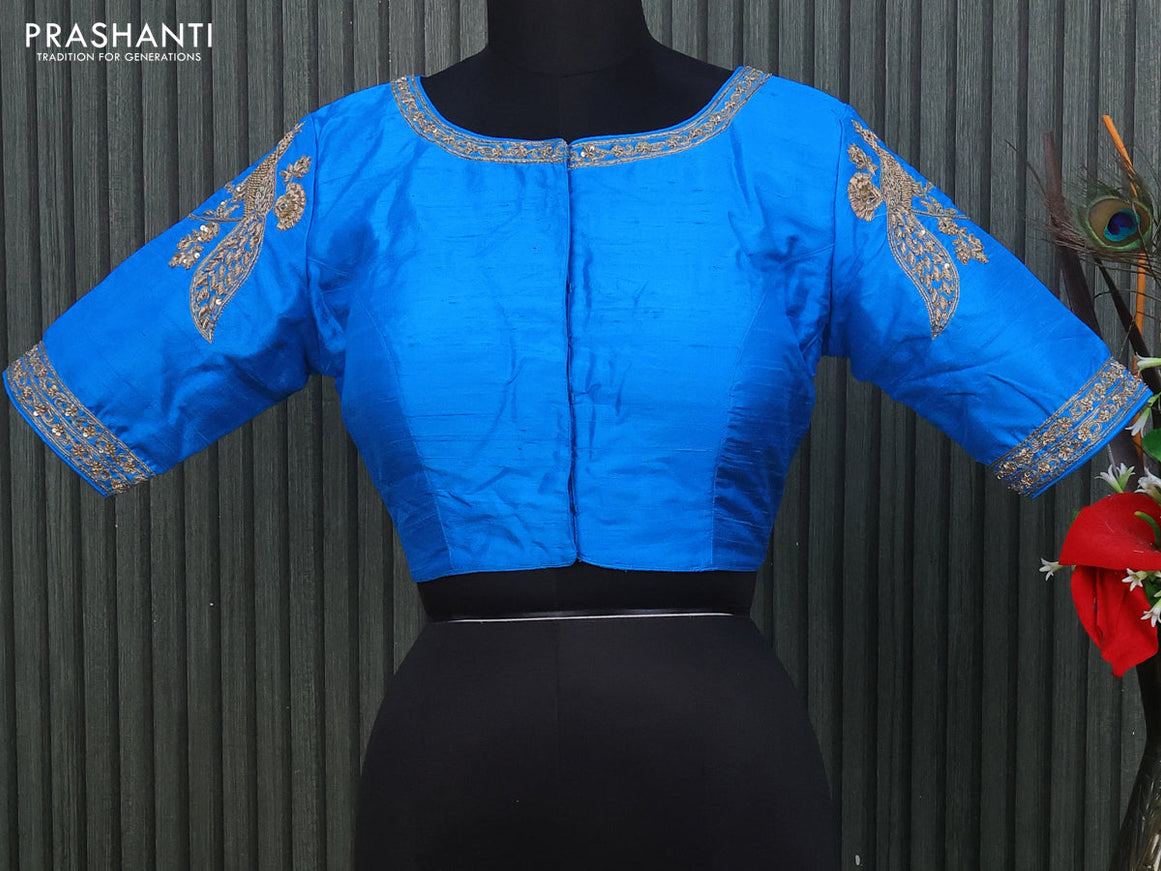 Raw silk readymade blouse cs blue with allover zardosi work