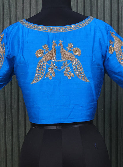 Raw silk readymade blouse cs blue with allover zardosi work