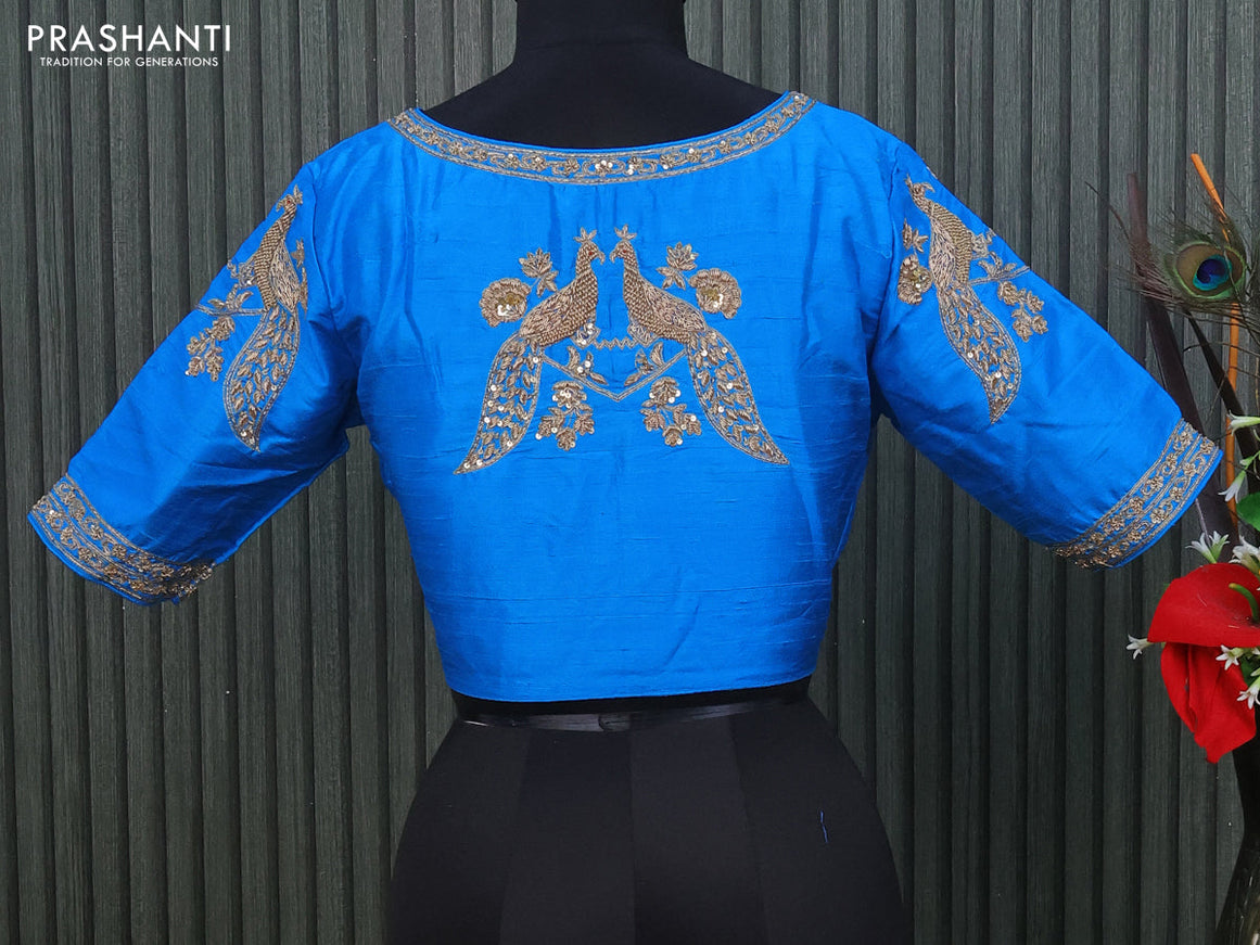 Raw silk readymade blouse cs blue with allover zardosi work