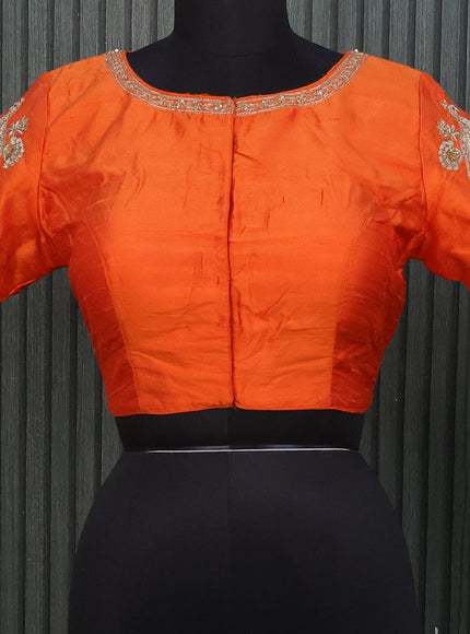 Raw silk readymade blouse orange with allover zardosi work