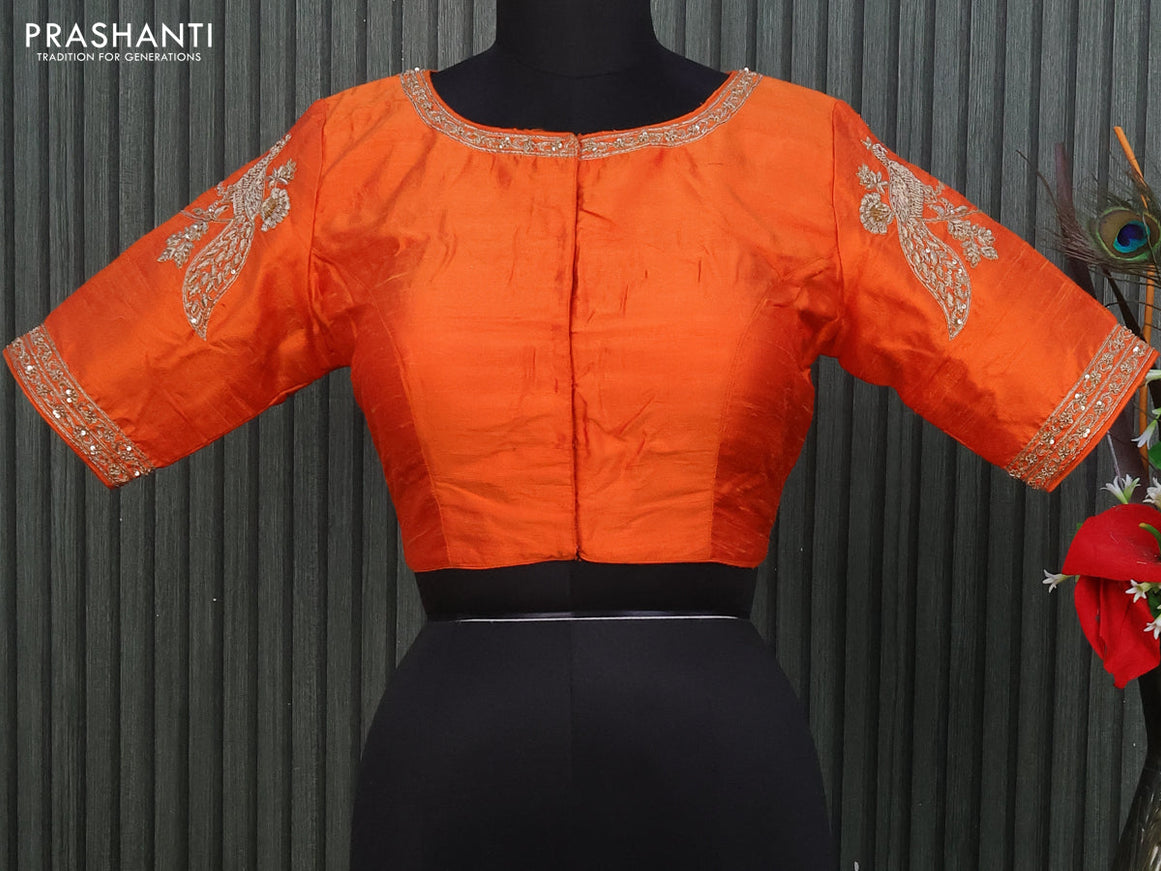 Raw silk readymade blouse orange with allover zardosi work