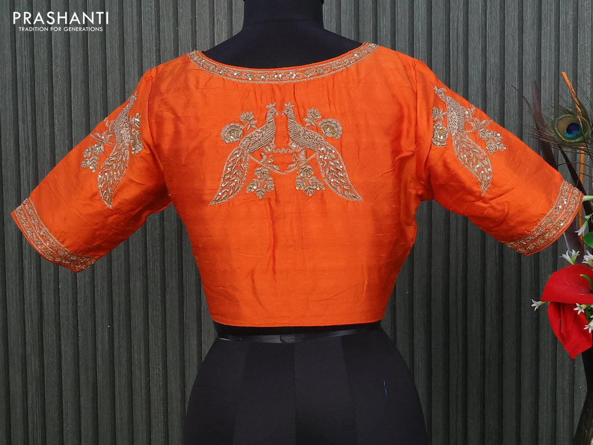 Raw silk readymade blouse orange with allover zardosi work