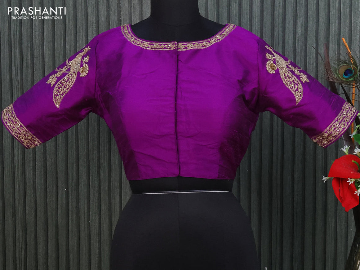 Raw silk readymade blouse purple with allover zardosi work