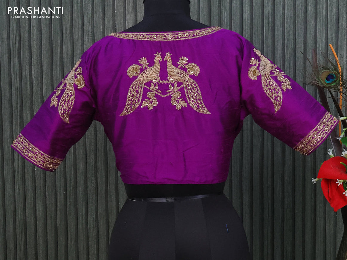 Raw silk readymade blouse purple with allover zardosi work