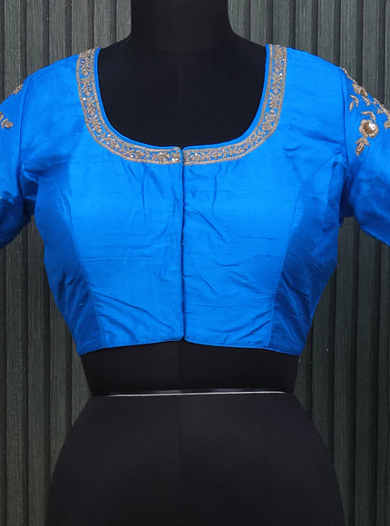 Raw silk readymade blouse cs blue with allover zardosi work and back knot