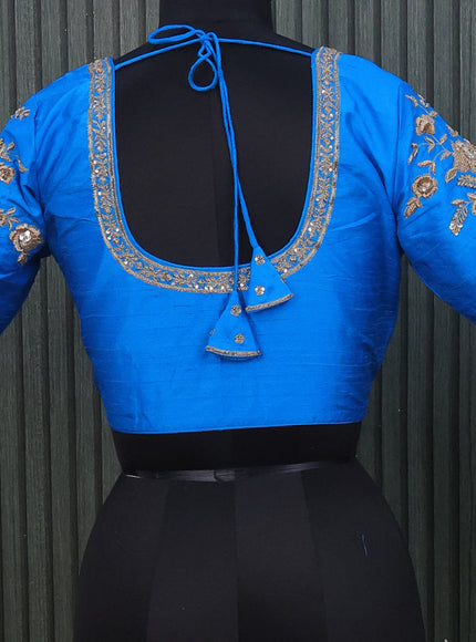 Raw silk readymade blouse cs blue with allover zardosi work and back knot