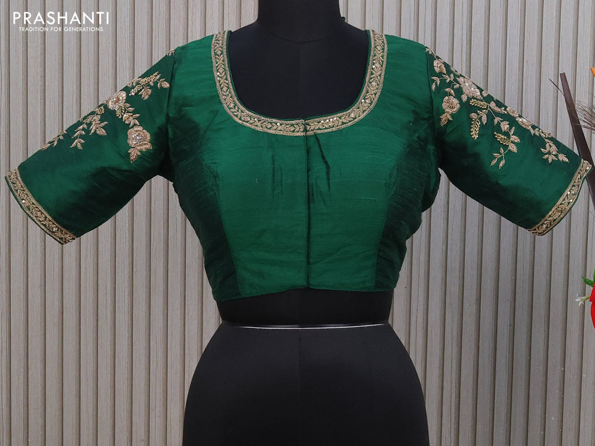 Raw silk readymade blouse green with allover zardosi work and back knot