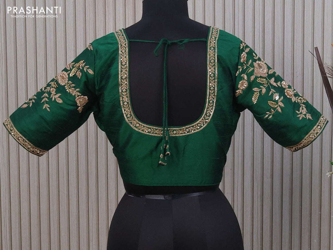 Raw silk readymade blouse green with allover zardosi work and back knot