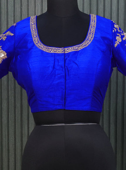 Raw silk readymade blouse royal blue with allover zardosi work and back knot