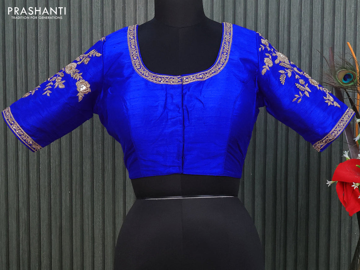 Raw silk readymade blouse royal blue with allover zardosi work and back knot