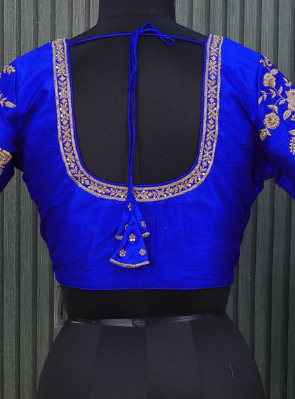 Raw silk readymade blouse royal blue with allover zardosi work and back knot