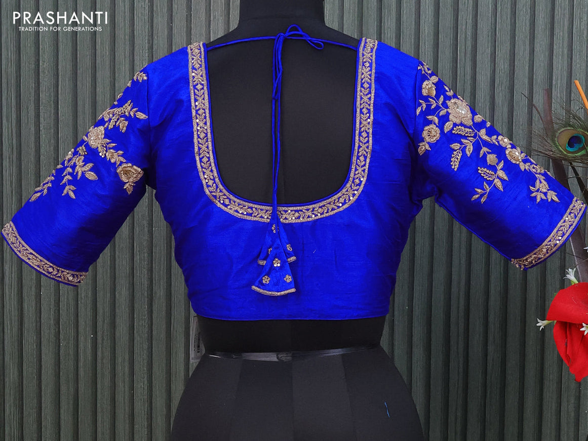 Raw silk readymade blouse royal blue with allover zardosi work and back knot