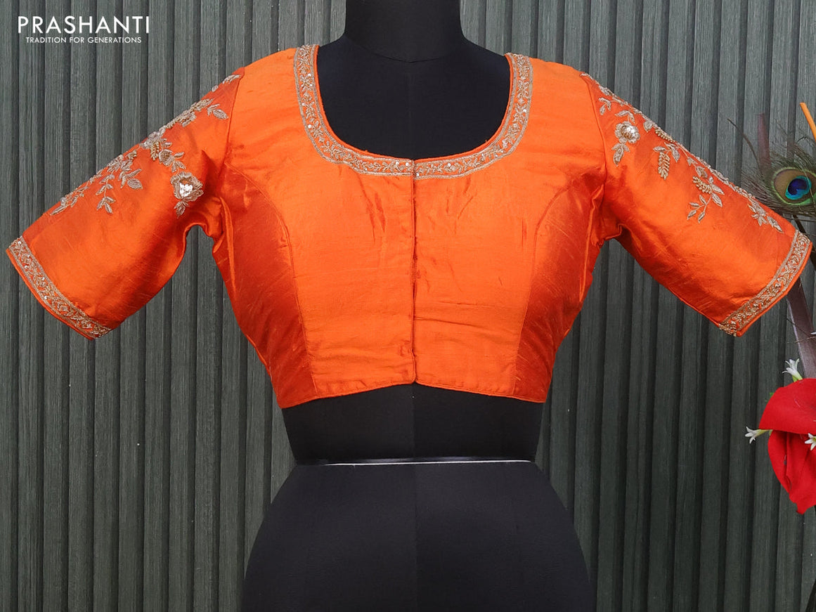 Raw silk readymade blouse orange with allover zardosi work and back knot